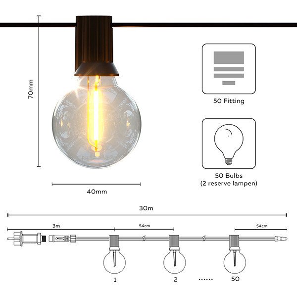 Calex lichtsnoer 30 meter | 2700K | 50 lampjes | IP44 | 12W