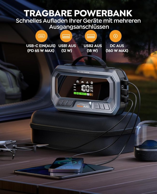 YaberAuto Starthulp powerbank met 160 psi compressor, 6500 A starter powerbank