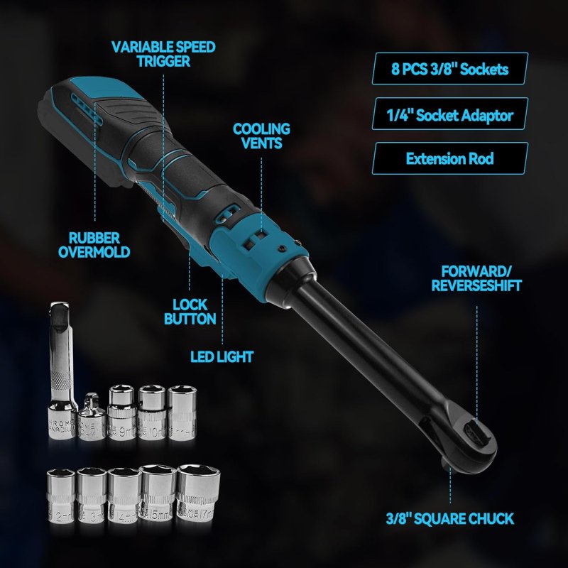 Byczone accu ratelsleutel voor Makita 18V accu, 3/8 inch verlengde elektrische ratelsleutelset met ledlicht, 9 10 11 12 13 14 15 17 mm dopsleutels, 320 omw/min, 80 N.m