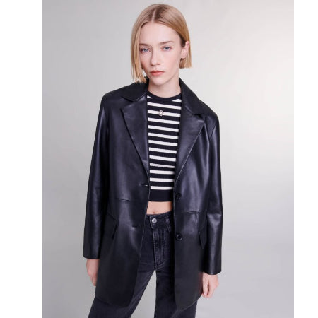Maje - zwarte leren dames jas - Maat 38