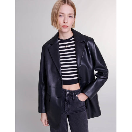 Maje - zwarte leren dames jas - Maat 38