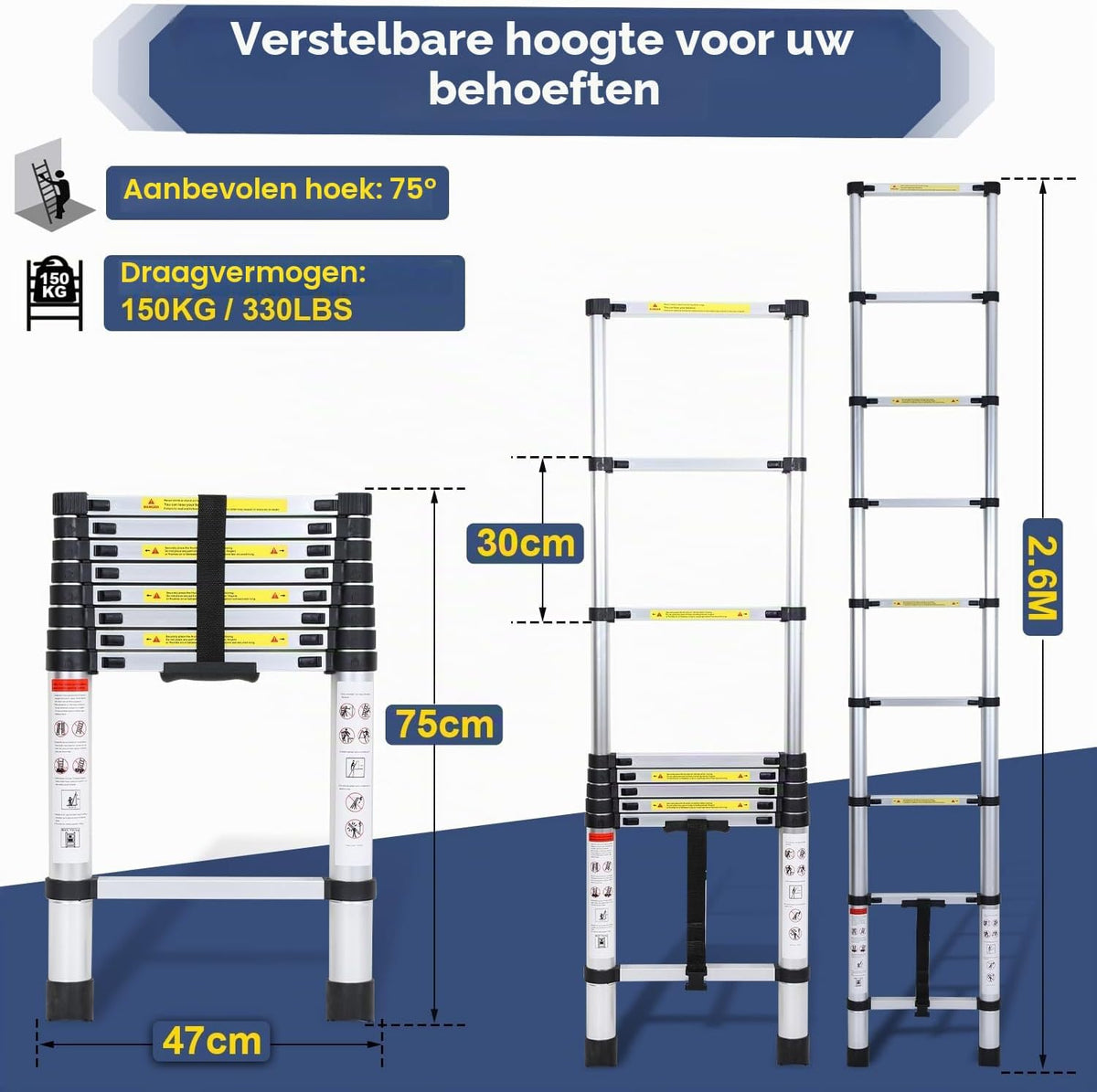 2.6M Aluminium Telescopische Ladder, Uitschuifbare Ladder