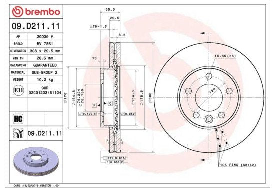 Remschijf 09.D211.11 Brembo