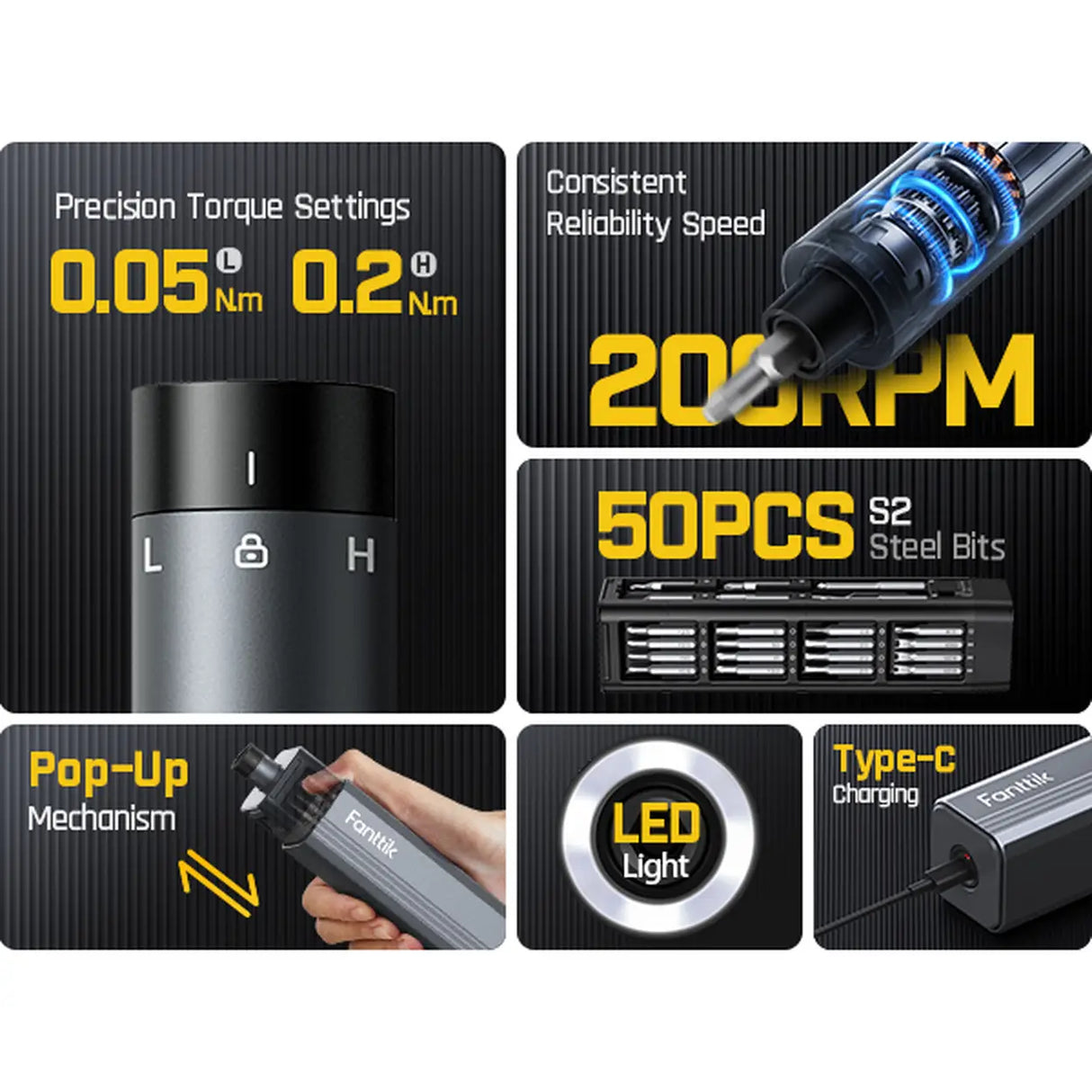 Fanttik E1 Max elektrische schroevendraaier, mini precisie schroevendraaier set, 50 magnetische bitjes, magnetische opslag, 5/32 inch hex, herstelset voor elektronica, telefoon, camera, laptop en horloge (grijs)