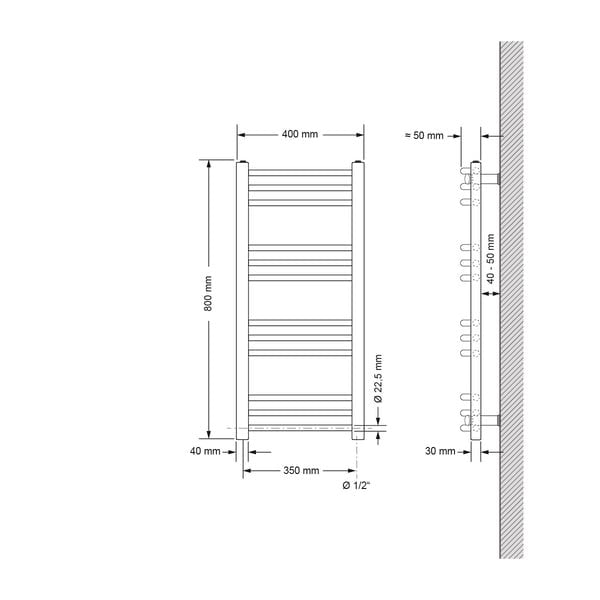 Badkamerradiator Sahara met zijaansluiting, handdoekradiator in antraciet, 40 × 80 cm + elektrisch verwarmingselement 300W grafiet