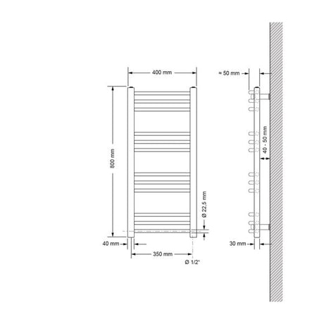 Badkamerradiator Sahara met zijaansluiting, handdoekradiator in antraciet, 40 × 80 cm + elektrisch verwarmingselement 300W grafiet