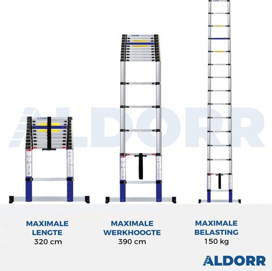 ALDORR Home - Telescoopladder 3,20 meter - met Stabilisatievoet en Soft closing
