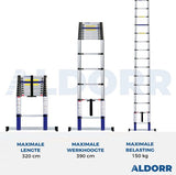 ALDORR Home - Telescoopladder 3,20 meter - met Stabilisatievoet en Soft closing