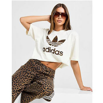 Adidas Originals Leopard Print Trefoil Boyfriend T-Shirt Cream- Dames Cream Maat M