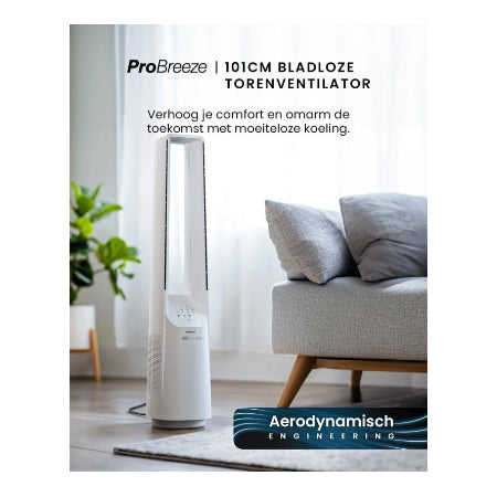 Pro Breeze smart rotorloze ventilator, 101 cm, gelijkstroommotor, ventilator met afstandsbediening, led-display, 6 snelheden, 5 bedrijfsmodi, automatische 60° oscillatie, 7 uur timer, wit