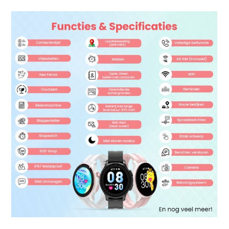 VUBIO 4G Kinder Smartwatch L1 - GPS - Videobellen - Roze