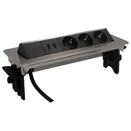 uniTEC inbouwstekkerdoos, horizontaal uitschuifbaar, 3-voudig, 2 × USB, 2 m