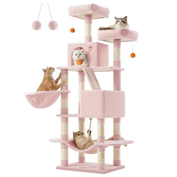 Feandrea Krabpaal Grote 168 cm Hoge L Krabpaal met 13 Krabpalen, 2 Platformen, 2 Grotten, Mand, Hangmat, Pluche Ballen, Meerlaagse Krabpaal, Pastelroze PCT165P01