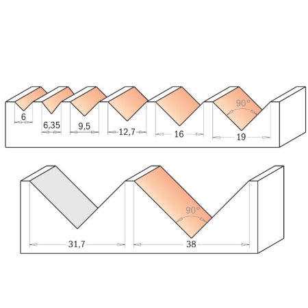 CMT Frezen HW V-Groeffrees S=8 Z=2 F=90 D=16 I=12.7 L=52,8 - Graveerfrees 90 graden